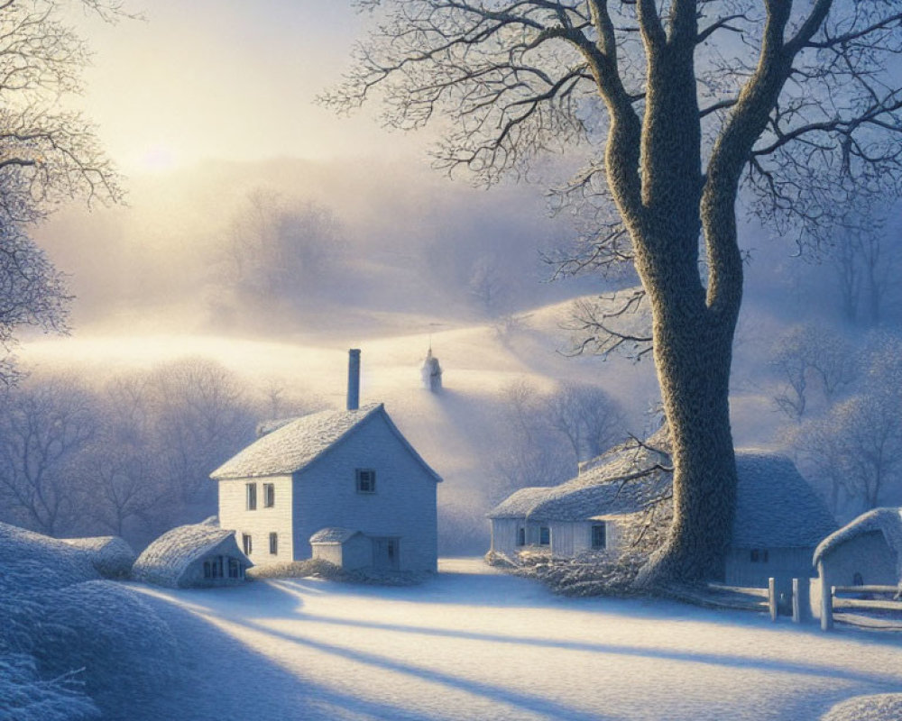 Snowy Landscape at Dawn with White Cottage and Bare Trees