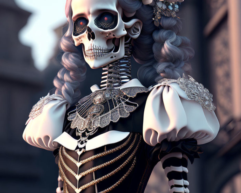 Elegant skeleton figure with long wavy hair and gothic-style dress