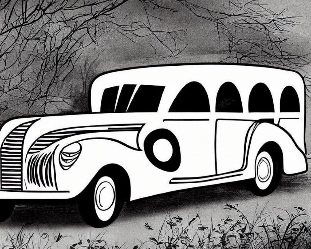 Vintage black and white car illustration under leafless trees in high-contrast chiaroscuro.