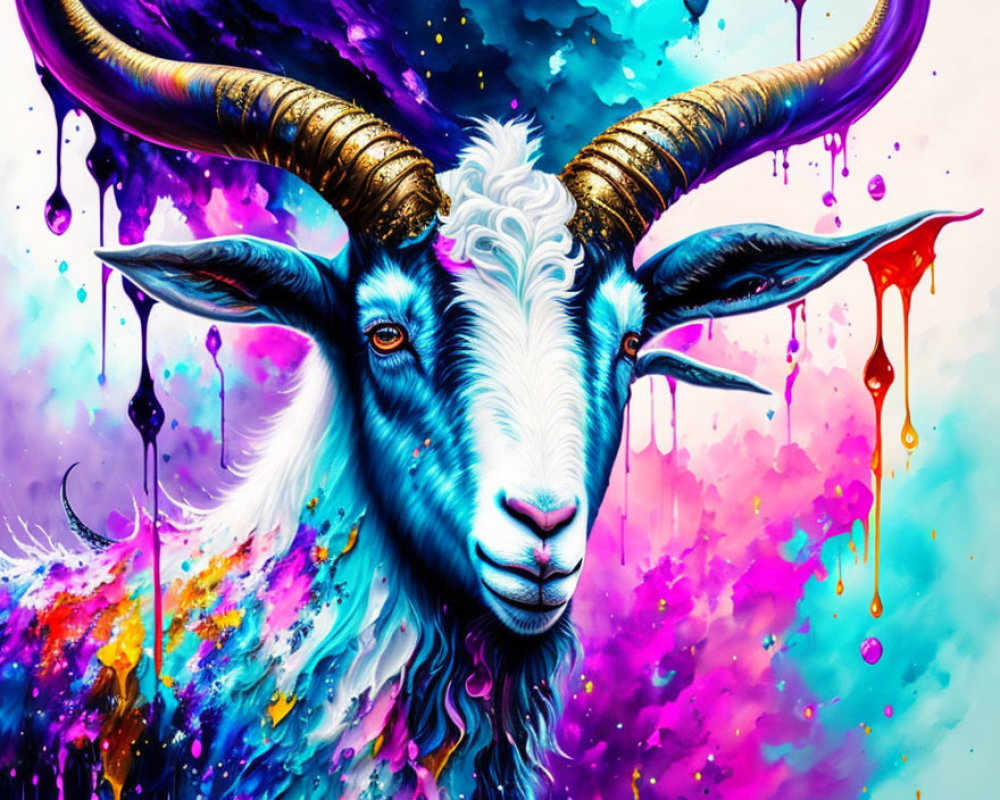 Colorful Goat Painting with Large Horns on Blue and Purple Background