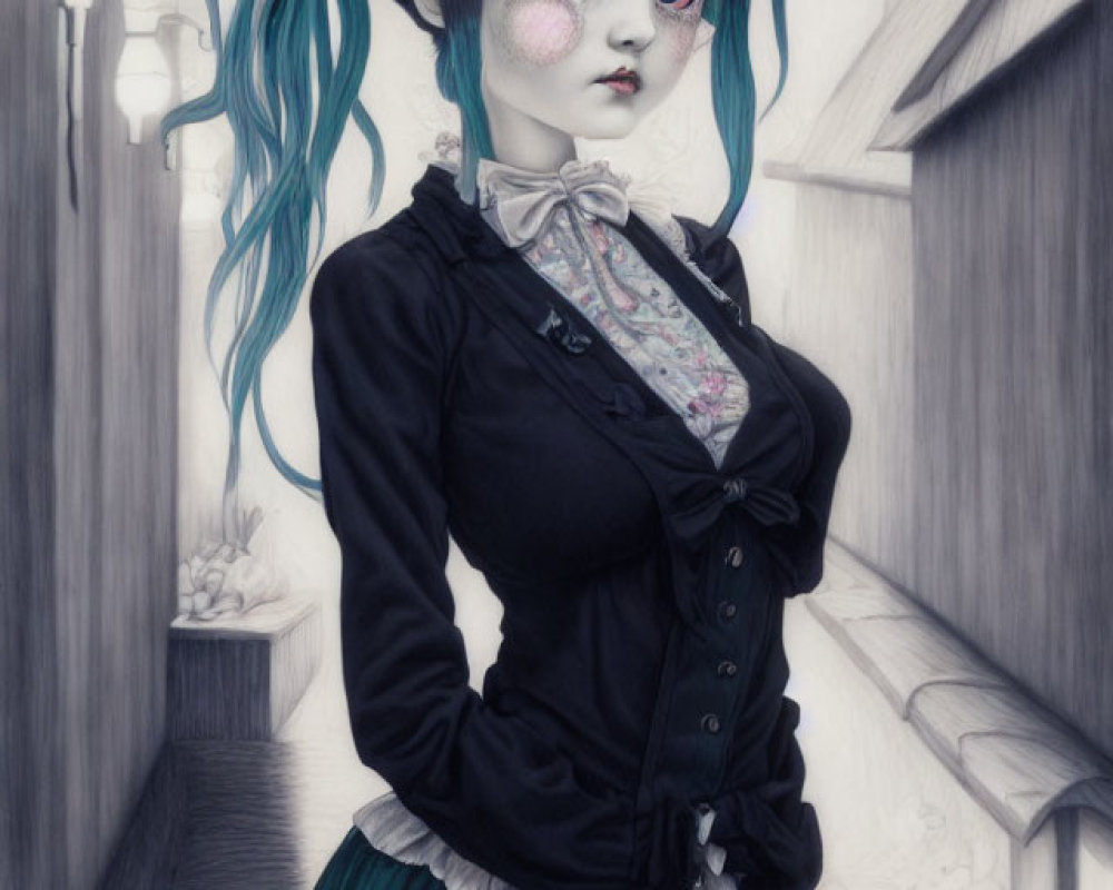 Illustration of girl with large eyes, teal hair, and floral outfit in monochromatic alleyway