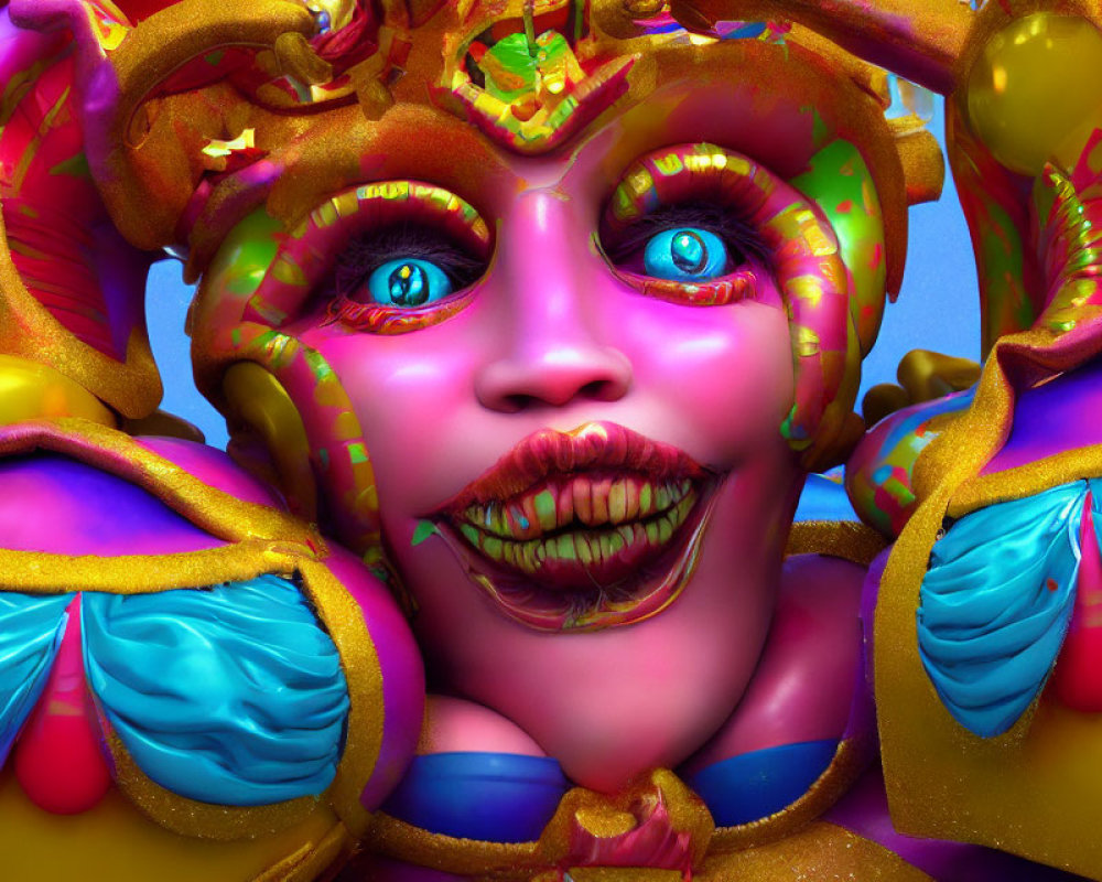 Colorful 3D character art with exaggerated facial features and jester-inspired costume