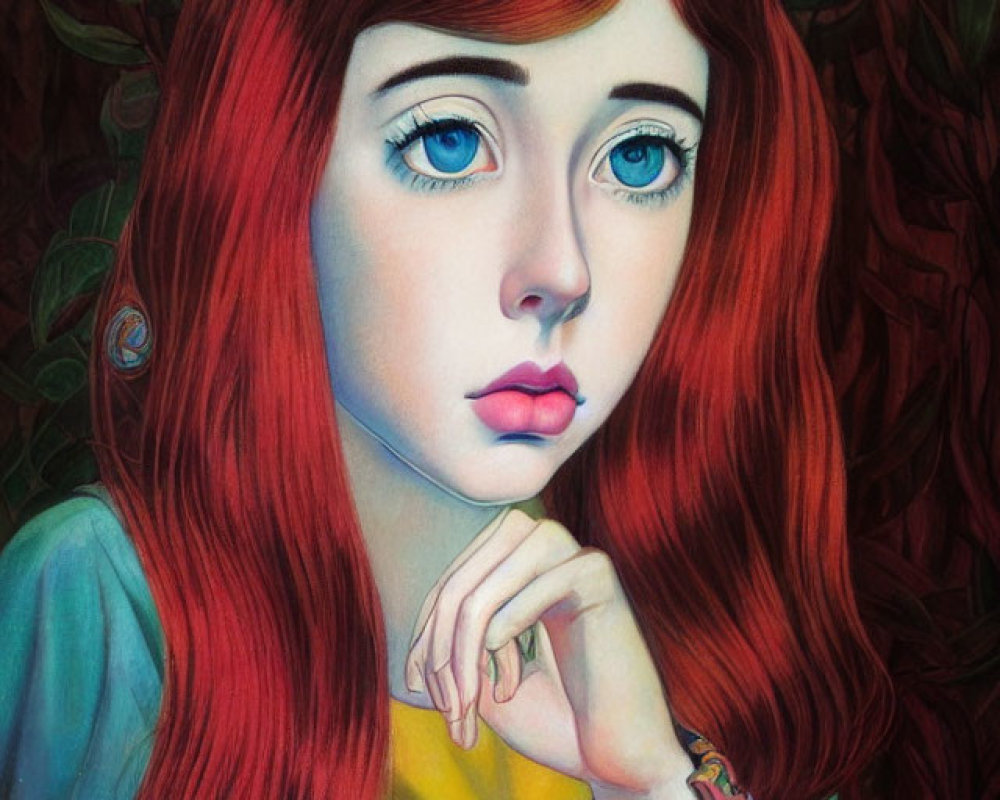 Young woman with vibrant red hair, blue eyes, thoughtful expression, and colorful tattooed arm.