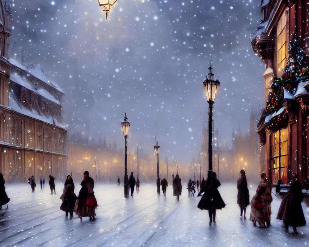 Victorian-era street scene with snow, period attire, lit street lamps & Christmas decorations