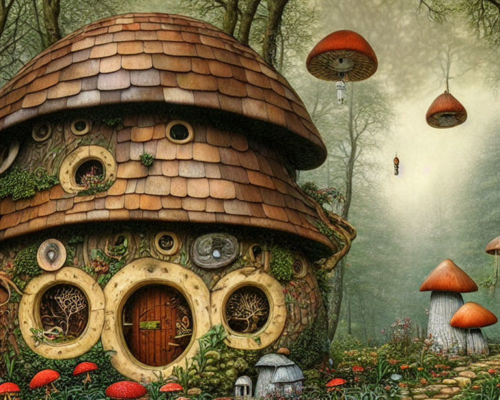 Enchanted forest with whimsical mushroom house and floating lanterns