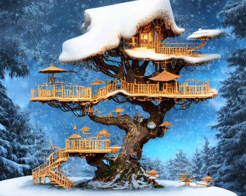 Snow-covered treehouse in magical winter setting