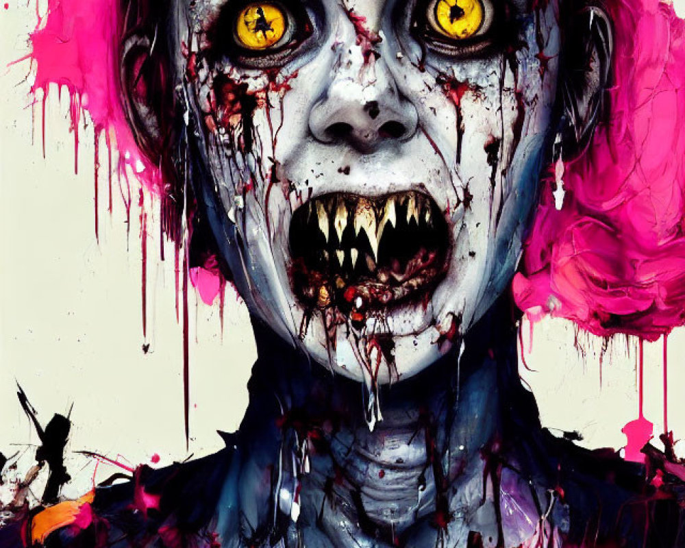 Vivid zombie-like figure with yellow eyes and blood splatters