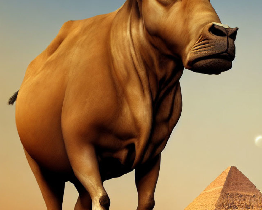 Brown bull with white horns in desert with pyramid and hazy sky