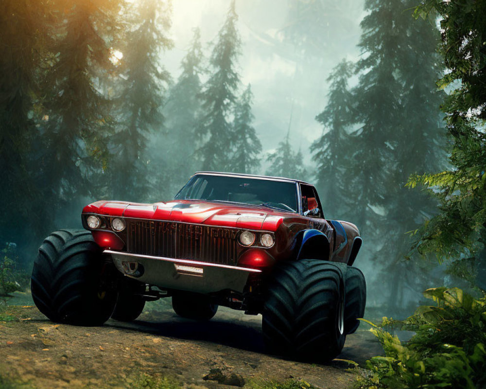 Red Monster Truck with Oversized Tires in Misty Forest