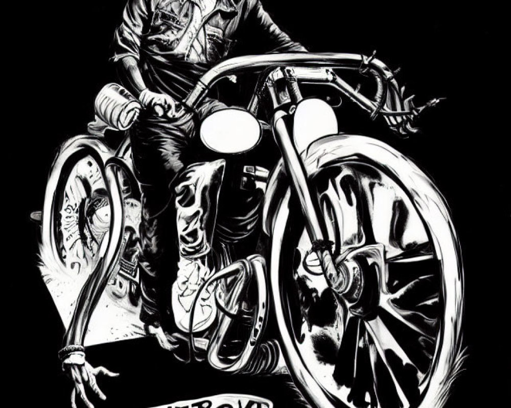 Skeletal figure in leather jacket on vintage motorcycle with text "CHE'S HECTOR THE HORR