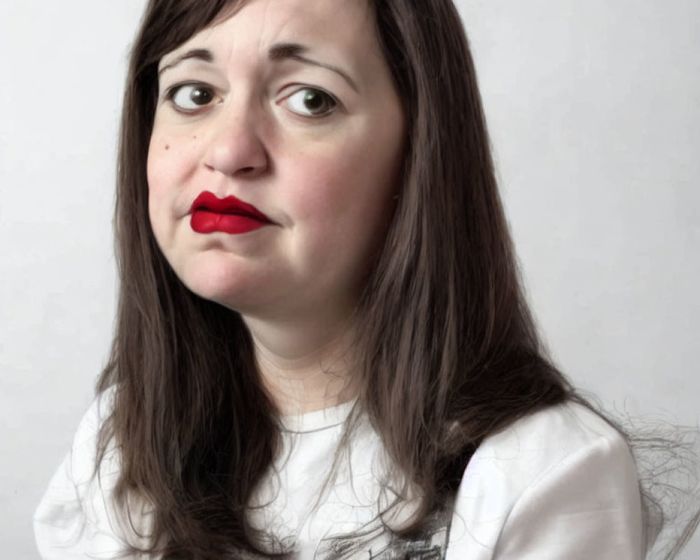 Portrait of Woman with Medium-length Brown Hair and Red Lipstick Displaying Skeptical Expression