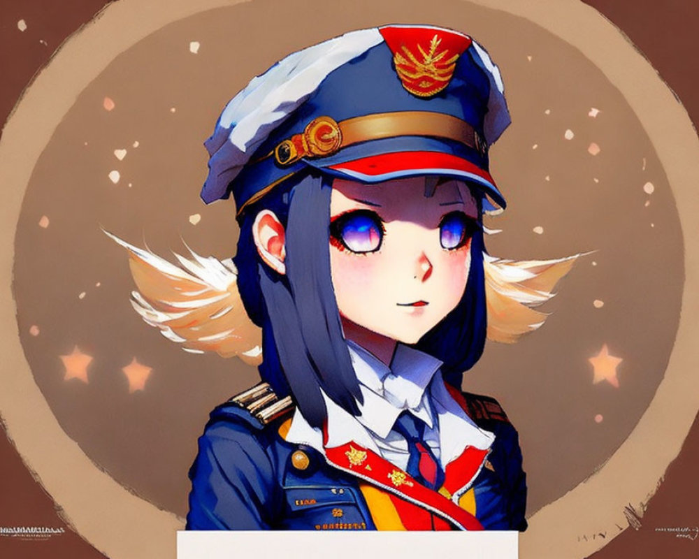 Girl with Blue Hair in Military Cap and Uniform with Winged Insignia on Brown Background