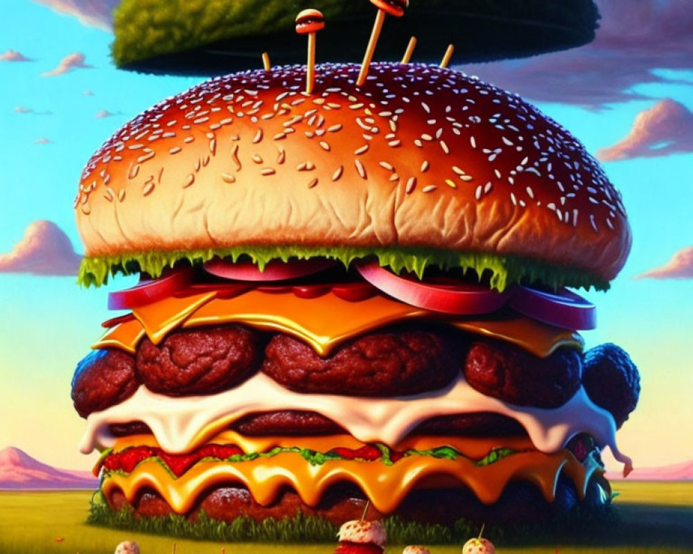 Gigantic burger in surreal landscape with vivid sky and scattered smaller burgers