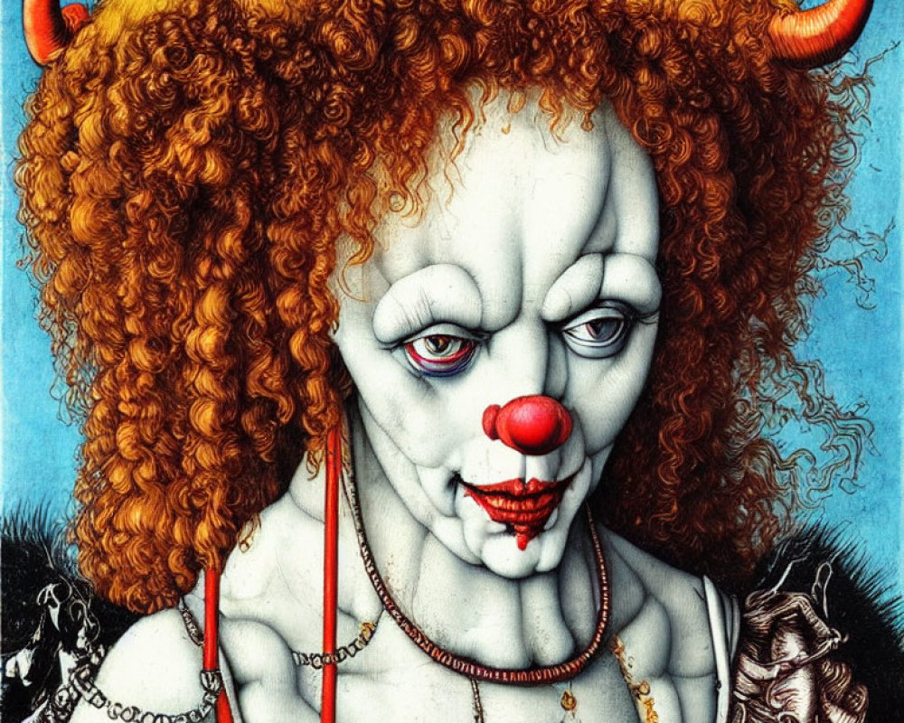 Detailed illustration of a clown with blue eyes, red curly hair, horned headpiece, and intricate