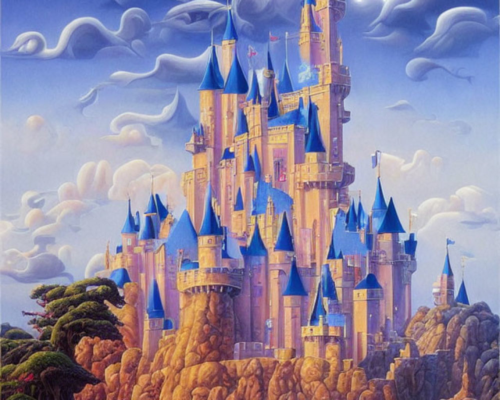 Fantastical castle with towering spires and blue rooftops on craggy cliff