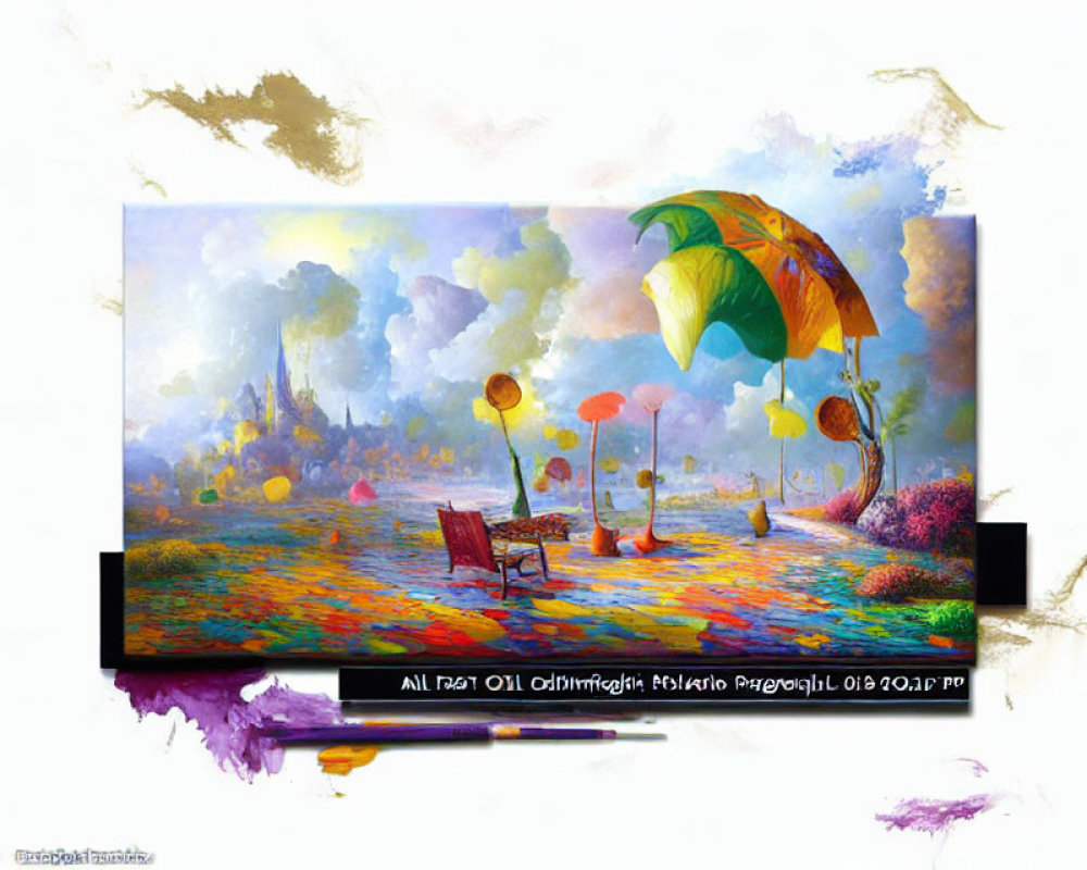 Colorful abstract painting of whimsical landscape with trees and umbrellas