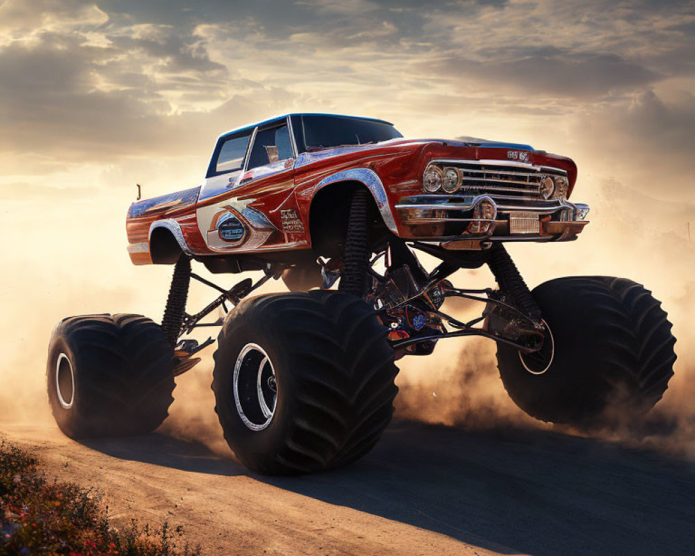 Vintage muscle car with monster truck wheels on dusty road at sunset