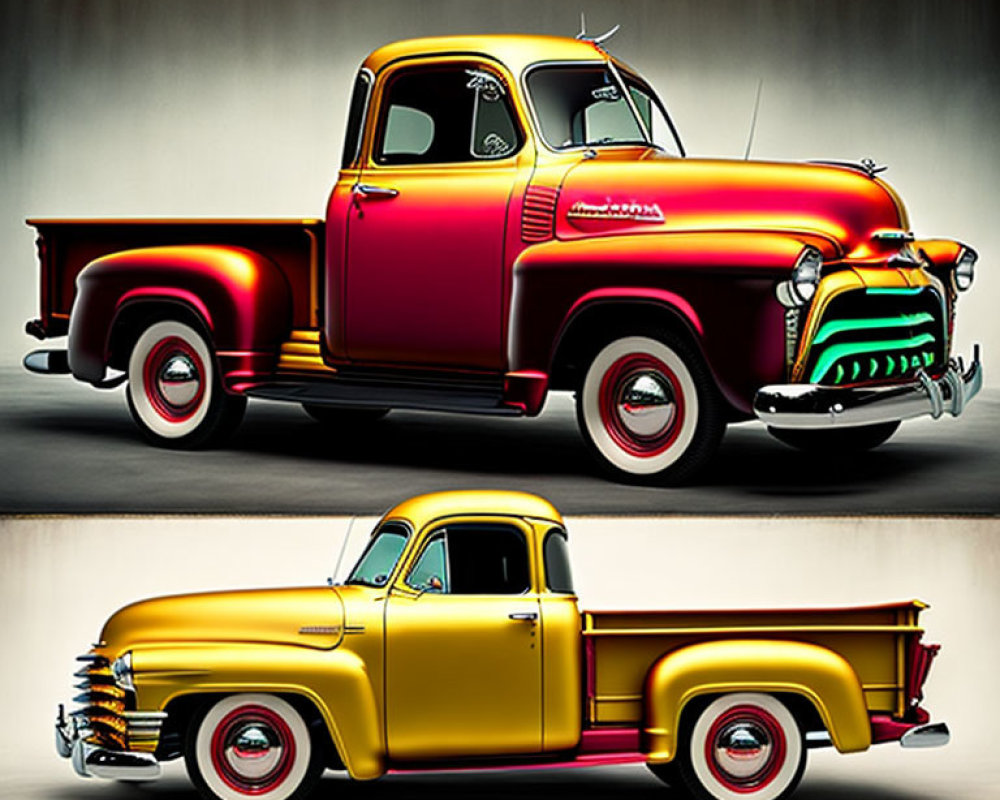 Vintage Red and Yellow Pickup Trucks with Stylized Paint and Chrome Details