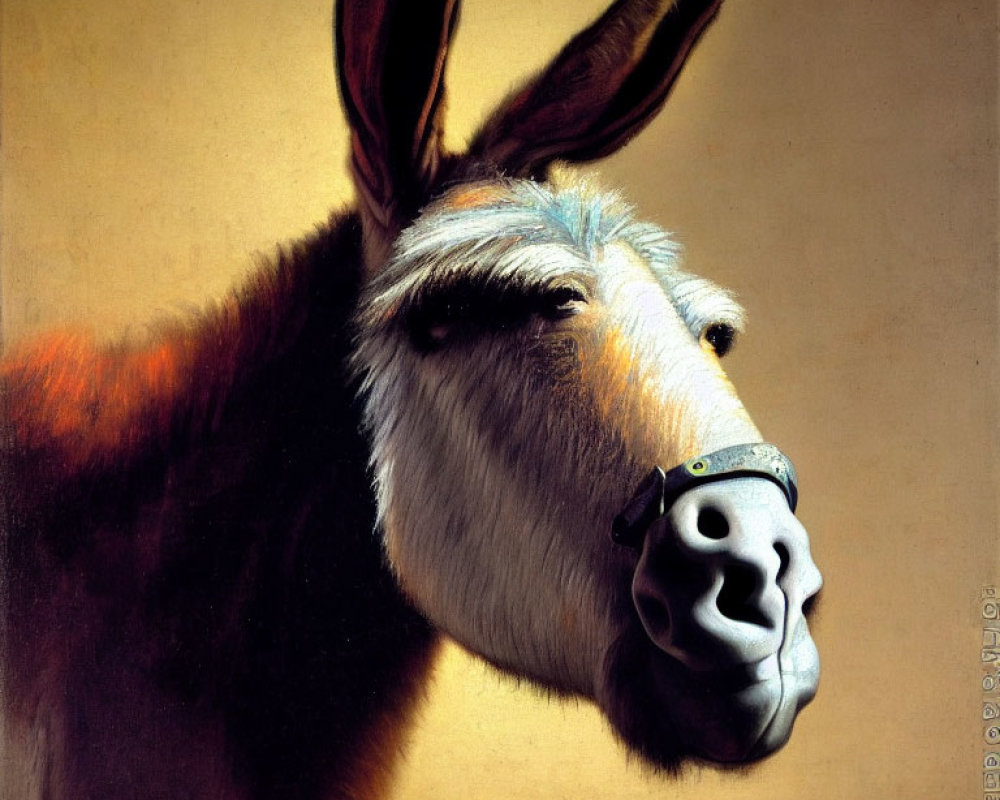 Hyperrealistic Drawing: Donkey with Gas Mask-Like Muzzle on Beige Background