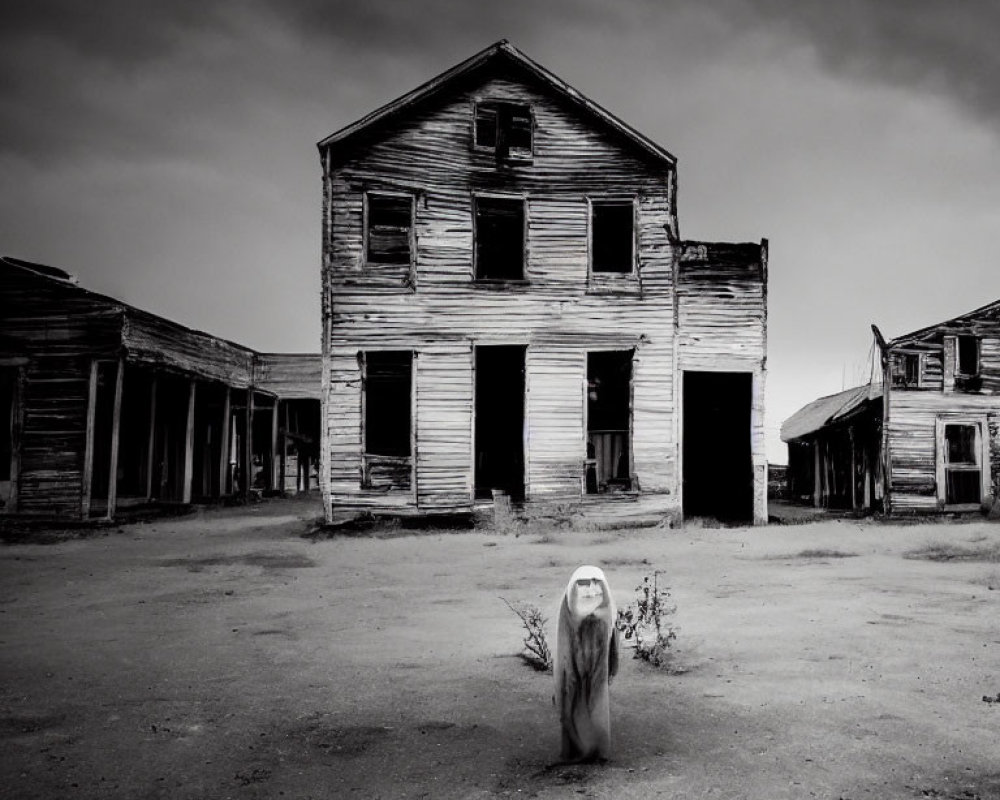 Monochrome image of eerie street with ghostly figure