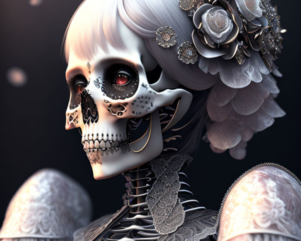 Stylized 3D skull art with floral decorations on dark background