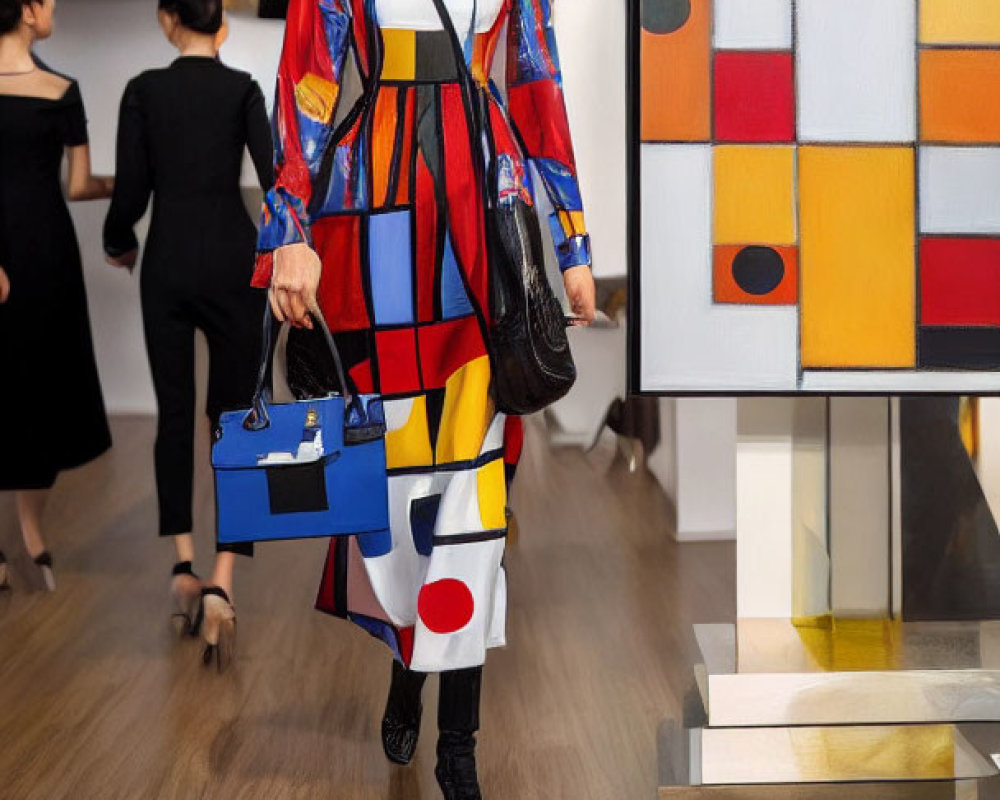 Woman in Colorful Geometric Dress at Art Gallery with Handbags