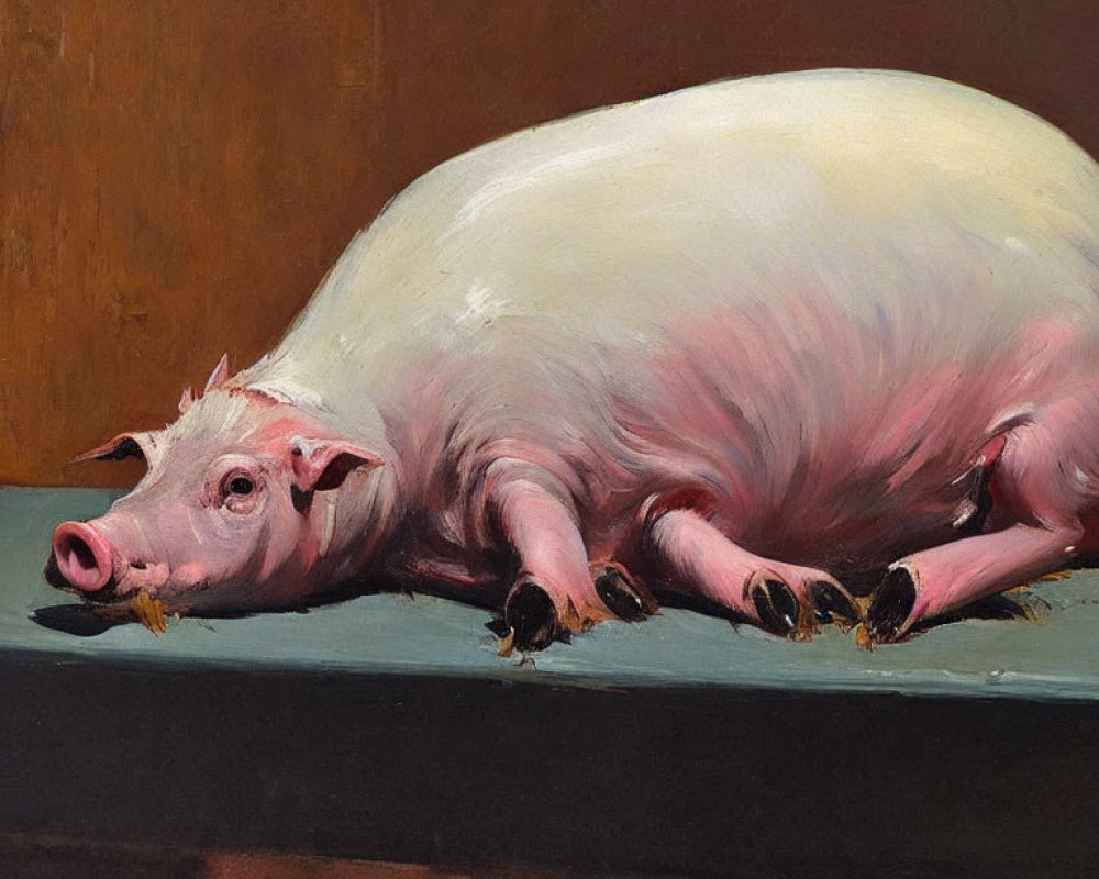 Realistic Painting of Large Pink Pig on Dark Surface