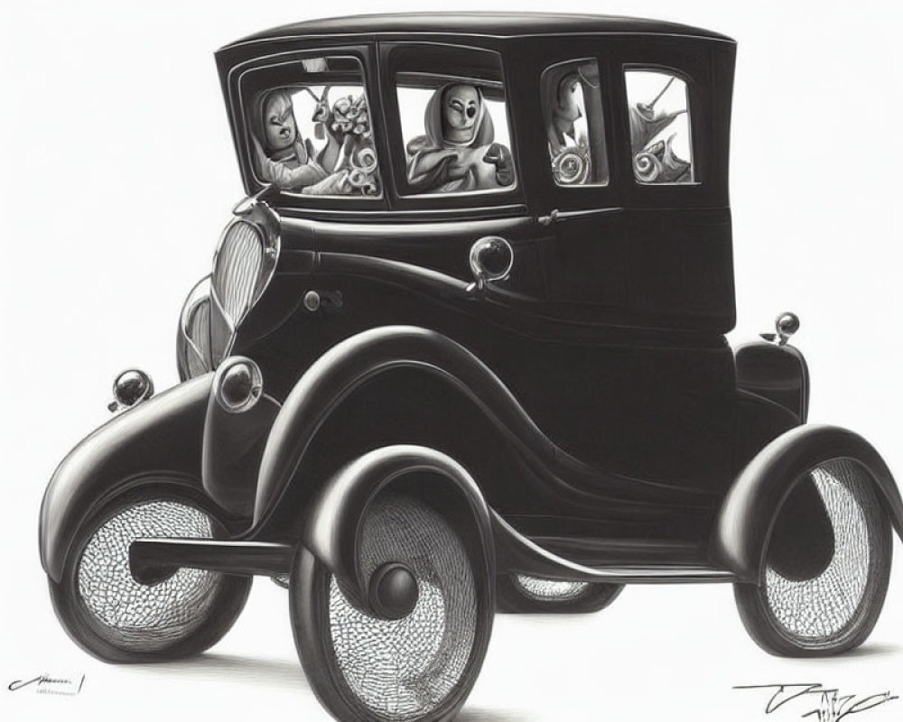 Monochrome illustration of whimsical characters in an old-fashioned car