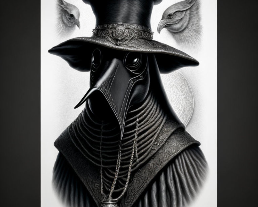 Plague Doctor Artwork: Beaked Mask, Top Hat, Neck Ruff, Raven Heads