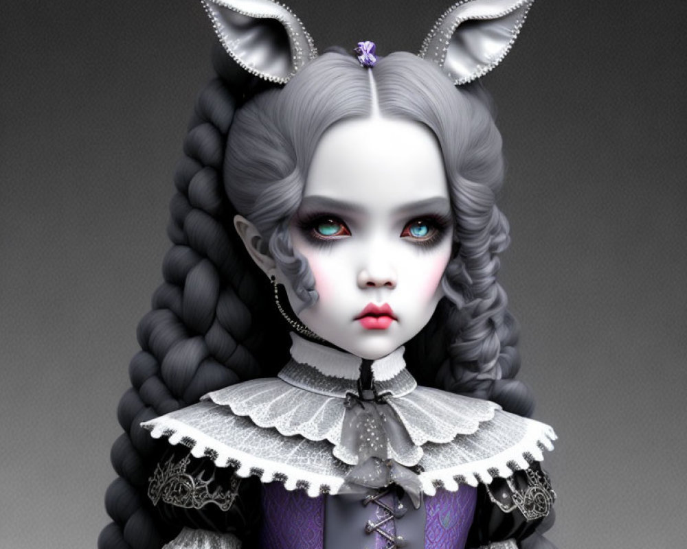 Digital artwork of girl with porcelain skin, fox-like ears, braids, gothic outfit.