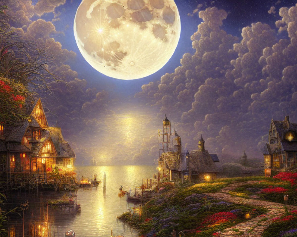 Enchanting fantasy village with glowing cottages by river under full moon