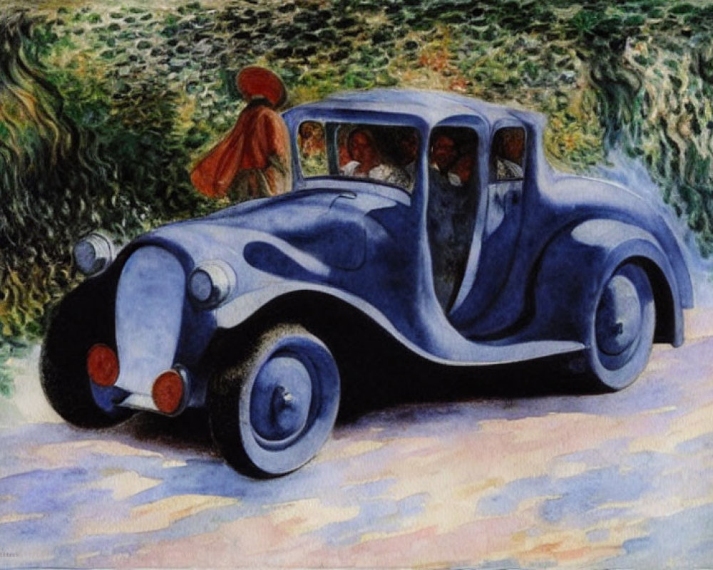 Classic Blue Car on Tree-Lined Path with Figure in Red - Impressionist Style