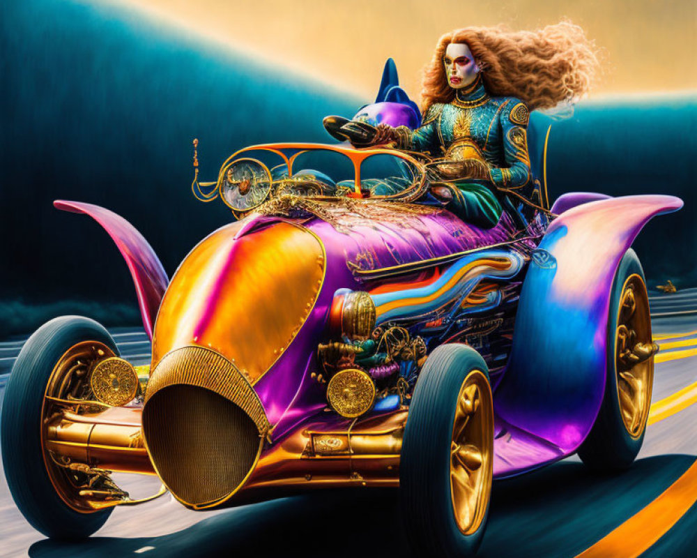 Colorful digital artwork: Woman with flowing hair driving fantasy hot rod