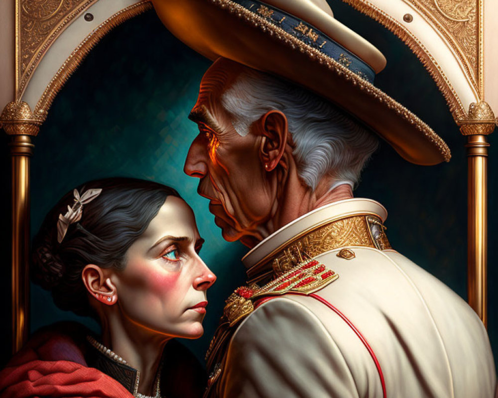 Detailed painting: older man in military attire & younger woman in red dress, gazing forward solemnly