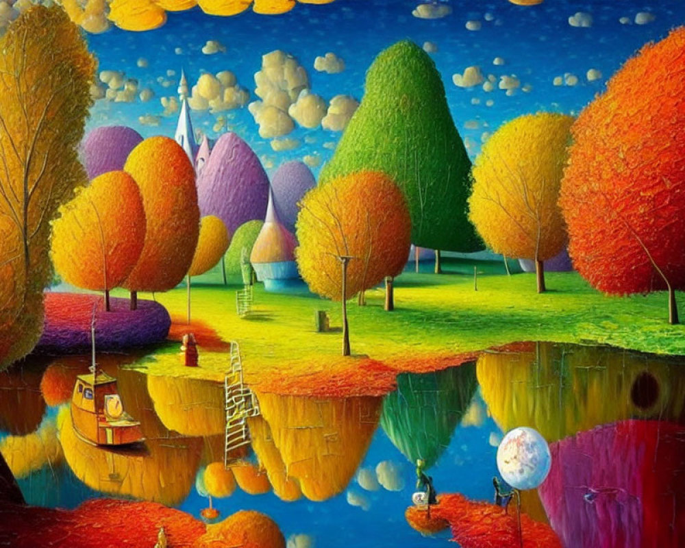 Colorful Landscape Painting: Surreal Autumn Trees Reflecting in Water