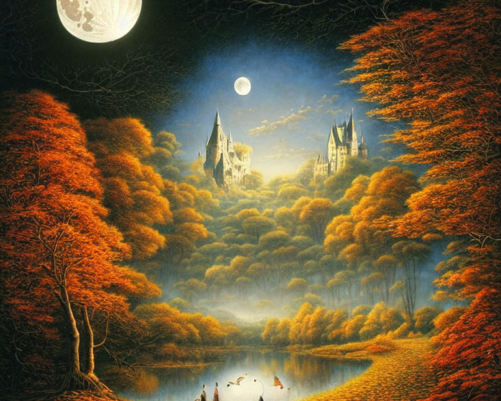 Enchanting full moon over mystical autumnal castle and lake