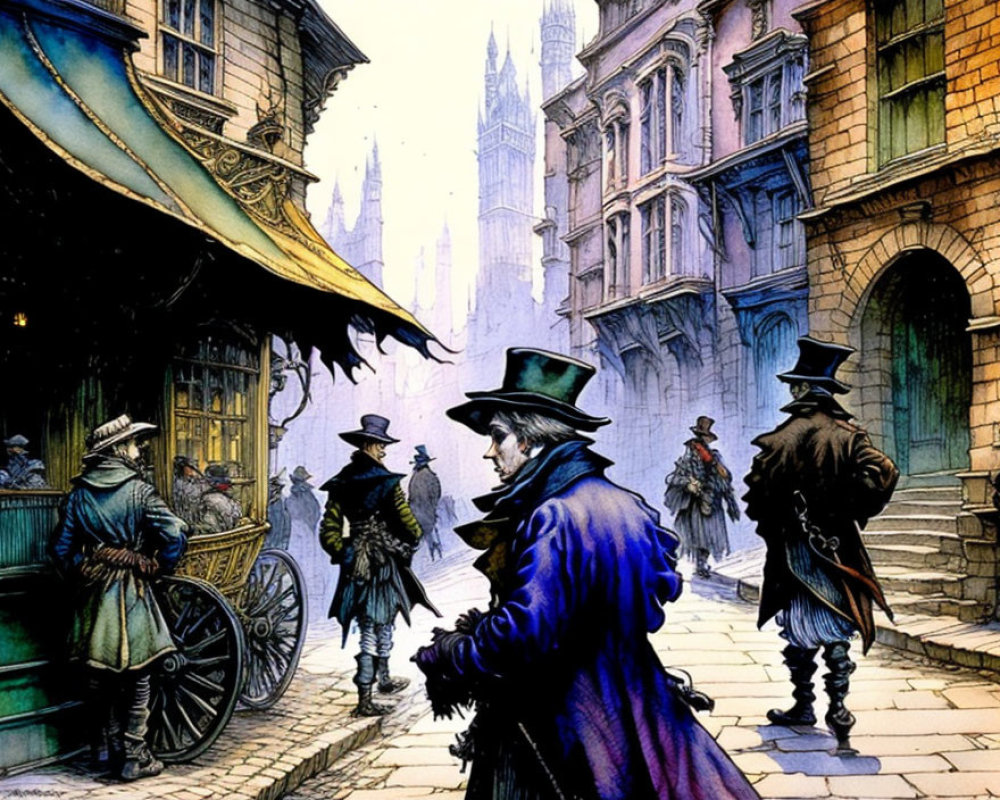 19th-Century Street Scene with Period Clothing and Gothic Architecture