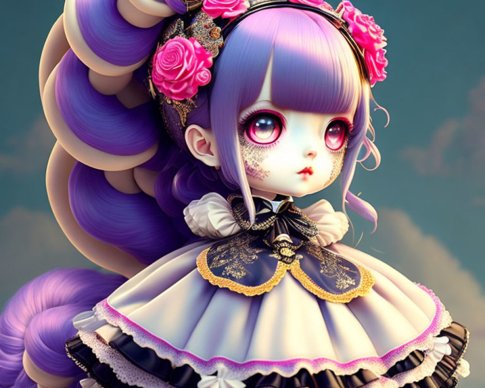 Character with Large Purple Eyes and Lilac Hair in Gothic Lolita Dress