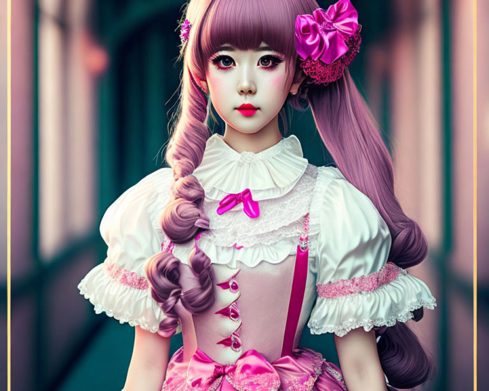 Elaborate Lolita fashion with pink dress and bow on lattice background