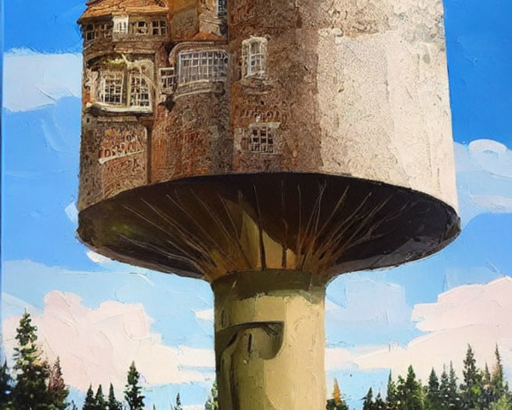 Whimsical painting of multi-story house on mushroom stalk