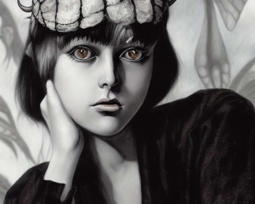 Monochrome image of person with turtle shell, butterfly wings, and captivating eyes