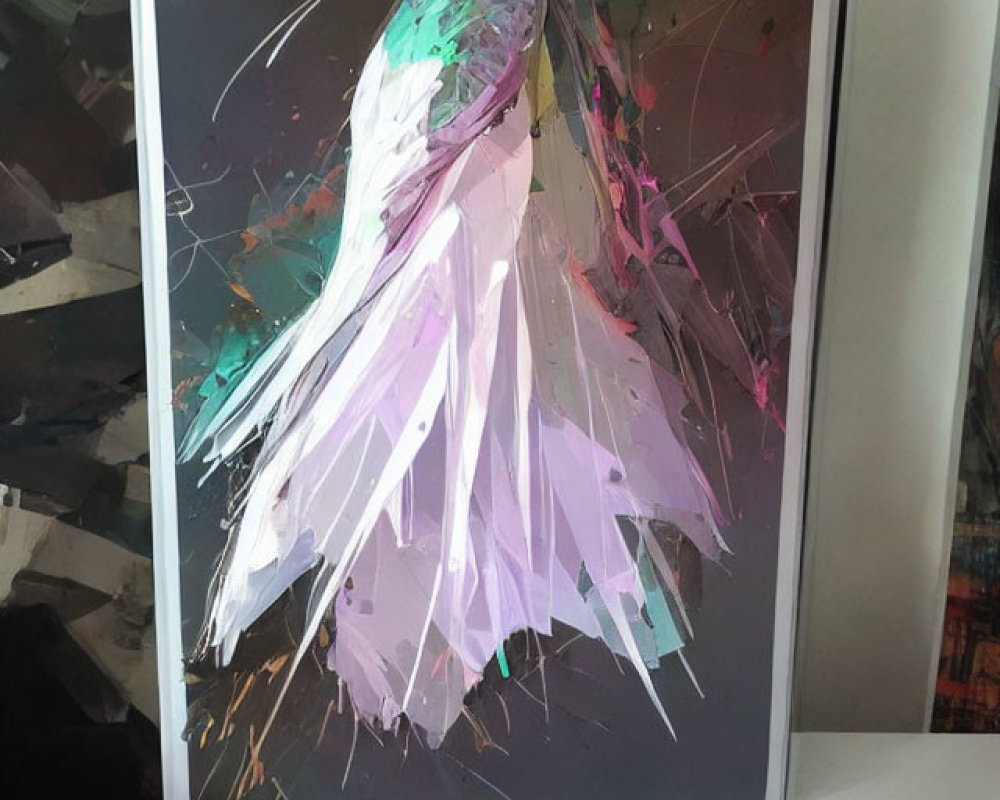 Vibrant pigeon painting on easel with textured plumage and paint palette