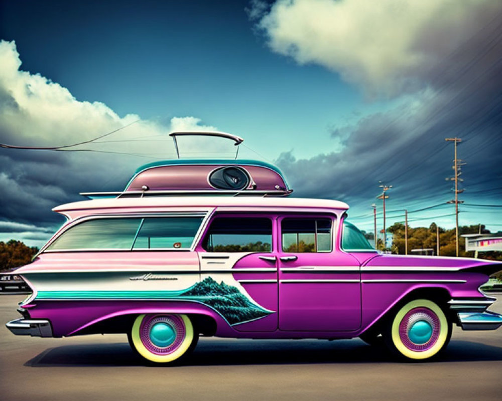 Purple and White Station Wagon with Surfboard in Stylized Illustration