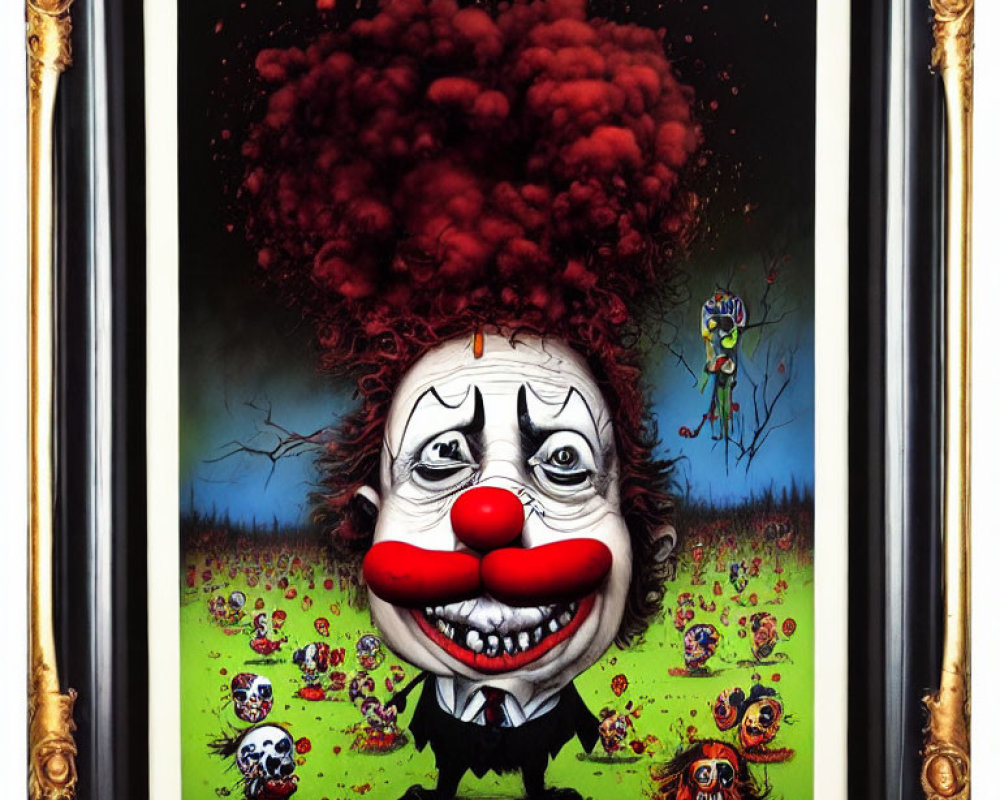 Surreal framed artwork: Clown caricature in colorful, macabre setting