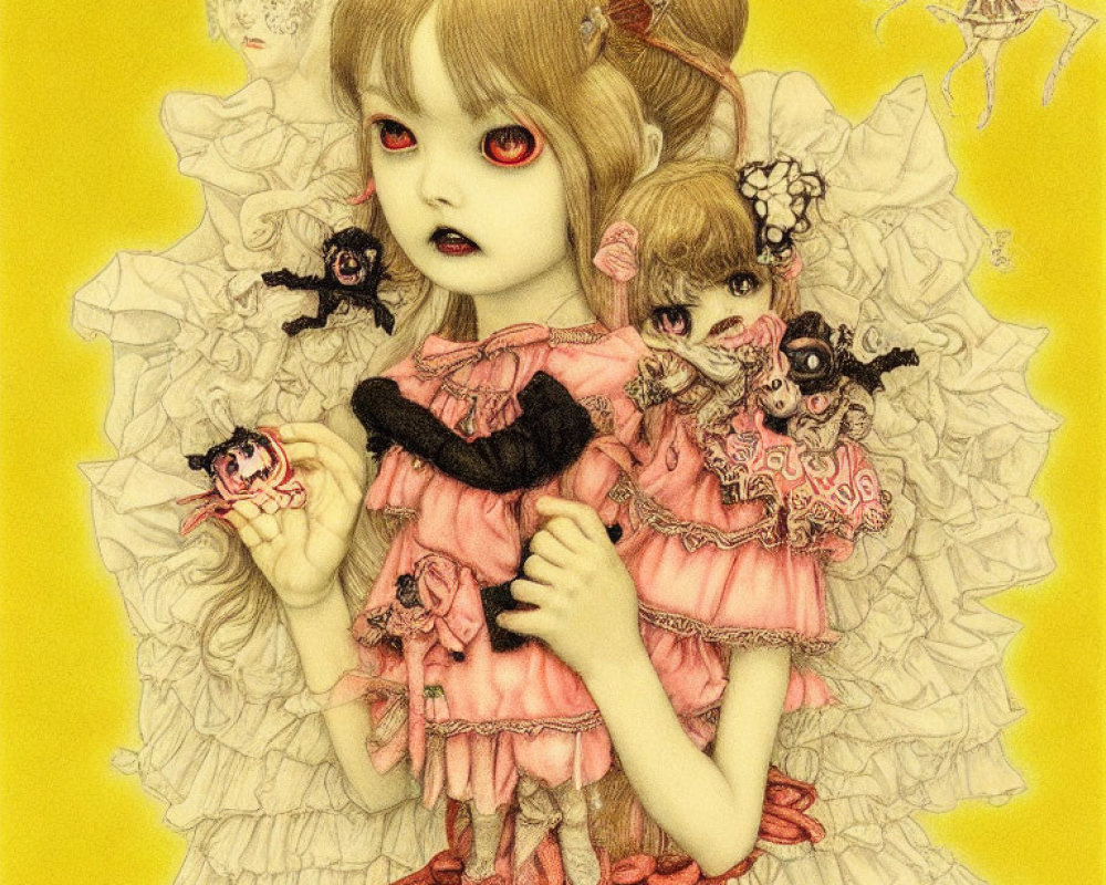 Girl in frilly pink attire with large eyes holding a doll among surreal figures on yellow backdrop