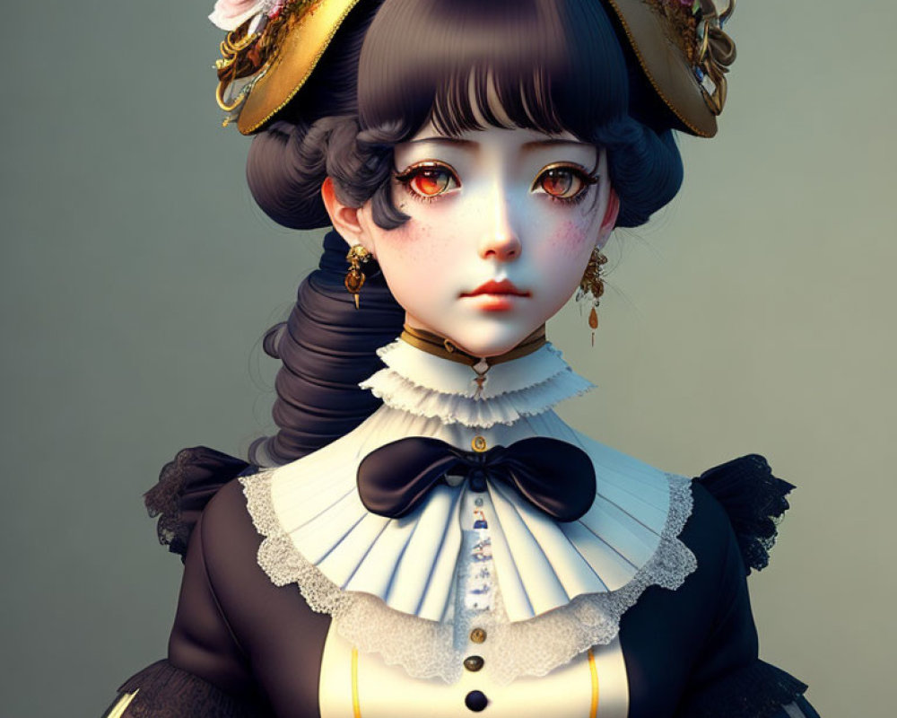 Digital art portrait of doll-like character in Victorian dress with large eyes, lace, bow, and floral