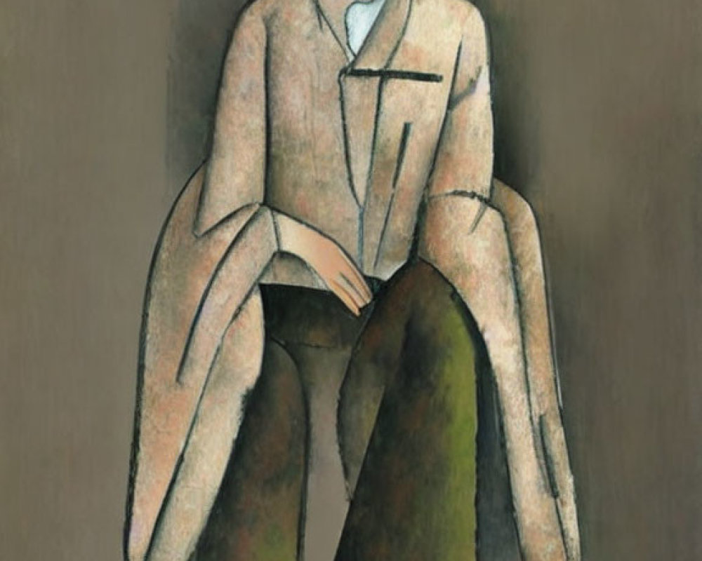 Seated person in grey jacket and green pants with solemn expression