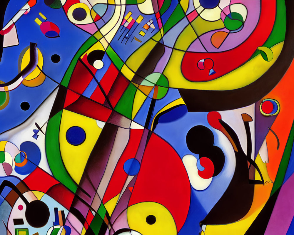 Colorful Abstract Painting with Vibrant Swirling Shapes and Geometric Patterns