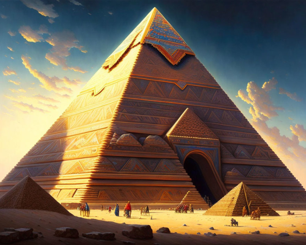 Detailed illustration of monumental pyramid in desert landscape