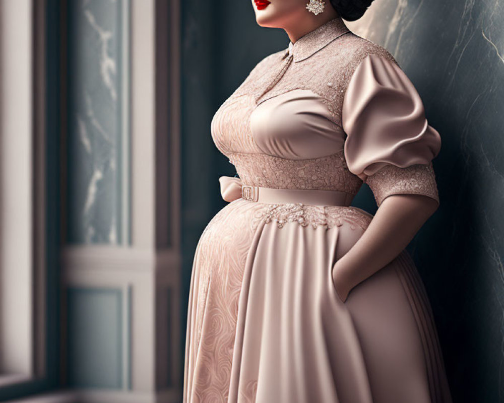 Vintage Pink Dress Woman 3D Rendering with Elegant Hair & Makeup